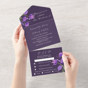 Invitation Tout En Un Elégante aquarelle violet Floral Lilac Mariage
