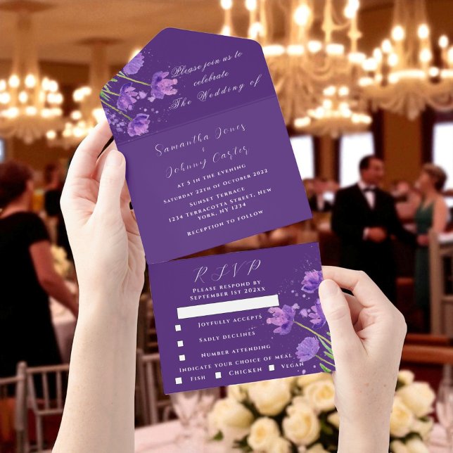 Invitation Tout En Un Elégante aquarelle violet Floral Lilac Mariage (Créateur téléchargé)