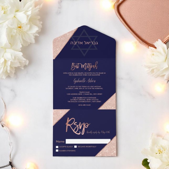 Invitation Tout En Un Élégante Bar Mitzvah rose gold pailleté bleu marin (Elegant Rose gold glitter navy blue Bat Mitzvah All In One Invitation)
