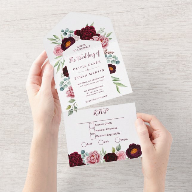 Invitation Tout En Un Elégante, Bourgogne Marsala Aquarelle Florale (Déchirure)