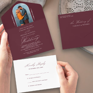 Invitation Tout En Un Élégante Calligraphie Bordeaux Photo RSVP Mariage