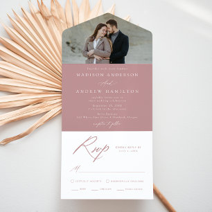 Invitation Tout En Un Élégante calligraphie Dusty Rose Mariage photo