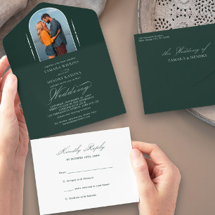 Invitation Tout En Un Élégante calligraphie Emerald Photo RSVP Mariage
