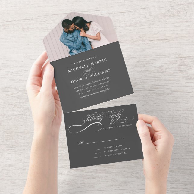 Invitation Tout En Un élégante calligraphie gris tout en une seule invit (Déchirure)