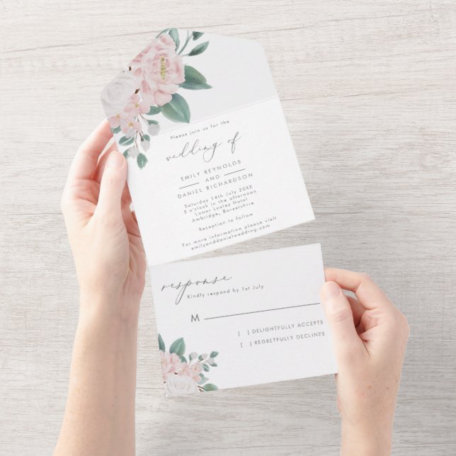 Invitation Tout En Un Élégante calligraphie Mariage rose et blanc (Déchirure)