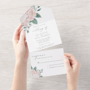 Invitation Tout En Un Élégante calligraphie Mariage rose et blanc