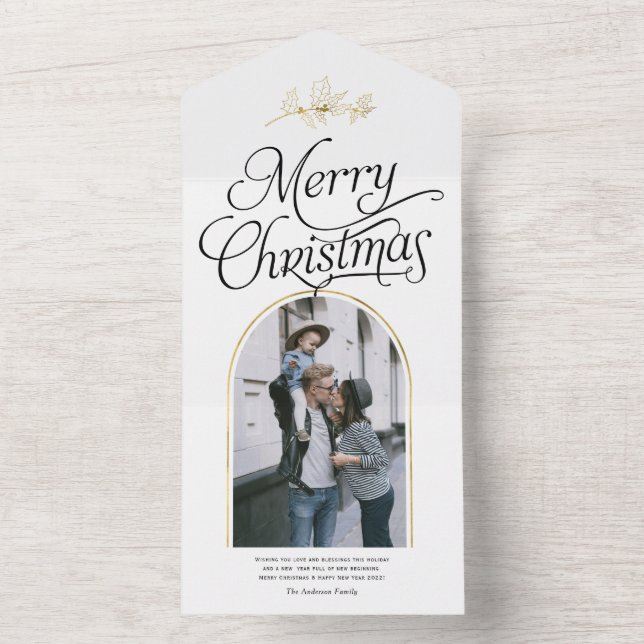 Invitation Tout En Un Elégante calligraphie Noël photo de famille (À l'intérieur)