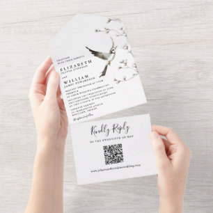 Invitation Tout En Un Élégante Chinoiserie blanche Floral QR Code Mariag