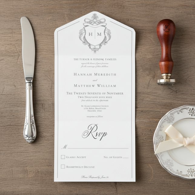 Invitation Tout En Un Élégante Chinoiserie noire Mariage Bird Crest (Créateur téléchargé)