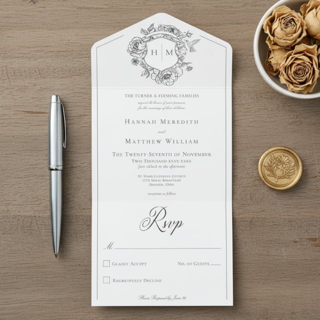 Invitation Tout En Un Élégante Chinoiserie noire Mariage Bird Crest (Créateur téléchargé)