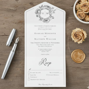 Invitation Tout En Un Élégante Chinoiserie noire Mariage Bird Crest