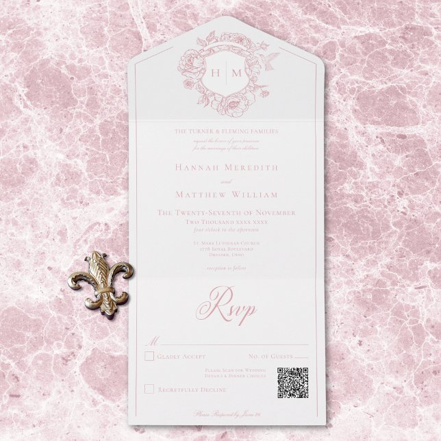 Invitation Tout En Un Élégante Chinoiserie rose Mariage de crête d'oisea (Elegant Pink Chinoiserie Bird Crest Wedding QR All All In One Invitation)
