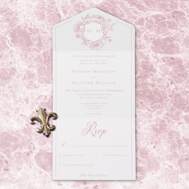 Invitation Tout En Un Élégante Chinoiserie rose Mariage de crête d'oisea (Elegant Pink Chinoiserie Bird Crest Wedding QR All All In One Invitation)