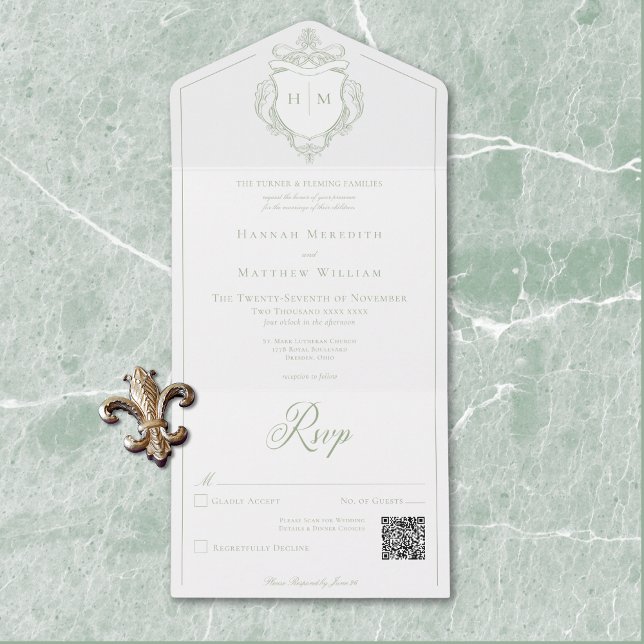 Invitation Tout En Un Élégante Chinoiserie verte Mariage de crête d'oise (Elegant Green Chinoiserie Bird Crest Wedding QR All In One Invitation)