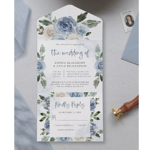 Invitation Tout En Un Elégante couleur bleu azur Mariage floral