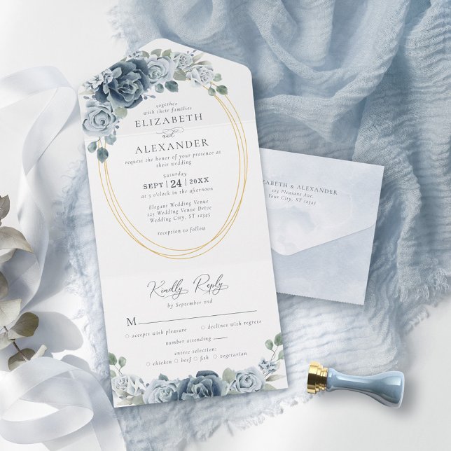 Invitation Tout En Un Elégante couleur bleu azur Mariage floral (Créateur téléchargé)