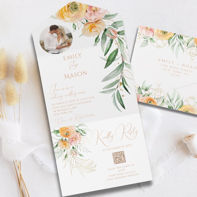 Invitation Tout En Un Elégante couleur orange jaune photo aquarelleFlora (Créateur téléchargé)