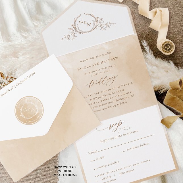 Invitation Tout En Un Elégante crème beige Aquarelle Monogramme Mariage  (Créateur téléchargé)