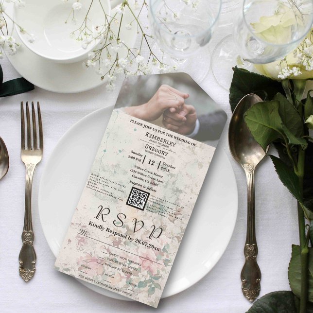 Invitation Tout En Un Elégante crème rose aquarelle Floral QR Code photo (Créateur téléchargé)