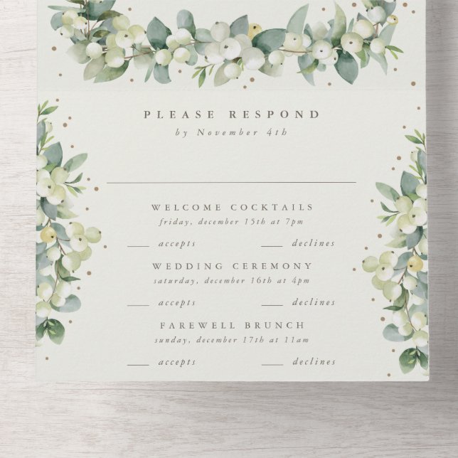 Invitation Tout En Un Elégante Crème Snowberry+Eucalyptus Mariage d'hive (Intérieur en bas)