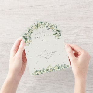 Invitation Tout En Un Elégante Crème Snowberry+Eucalyptus Mariage d'hive