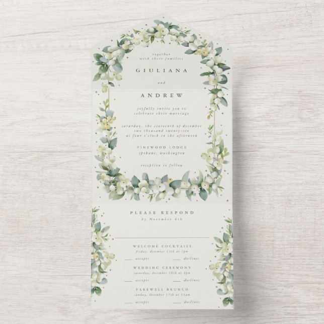 Invitation Tout En Un Elégante Crème Snowberry+Eucalyptus Mariage d'hive (À l'intérieur)