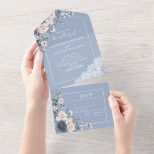 Invitation Tout En Un Elégante Douteuse Bleue Rosée Rose Rustique Dentel