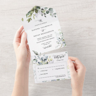 Invitation Tout En Un Elégante Dusty Blue Boho Mariage de verdure Photo