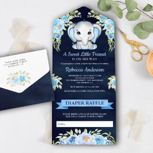 Invitation Tout En Un Élégante Éléphant Floral Bleu Marine Baby Shower