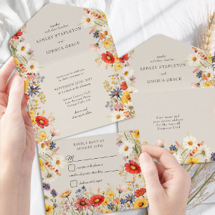 Invitation Tout En Un Élégante Fleur de Mariage Champêtre et RSVP