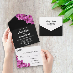 Invitation Tout En Un Élégante Fleur d'orchidée Noir Mariage Floral été