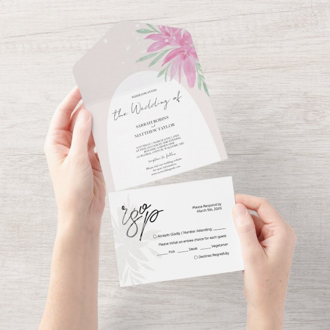 Invitation Tout En Un Élégante Fleurs de dentelle rose romantique (Déchirure)