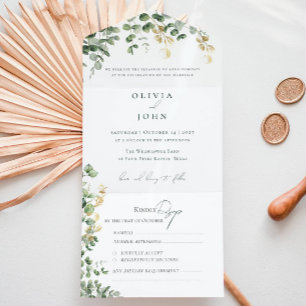 Invitation Tout En Un Élégante Foliage d'Eucalyptus Vert Doré Mariage