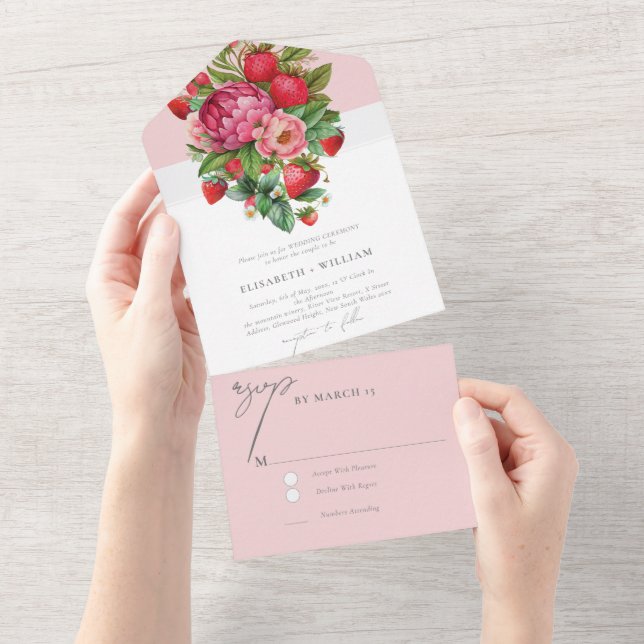 Invitation Tout En Un Elégante fraise et pivoines Mariage Rsvp (Déchirure)