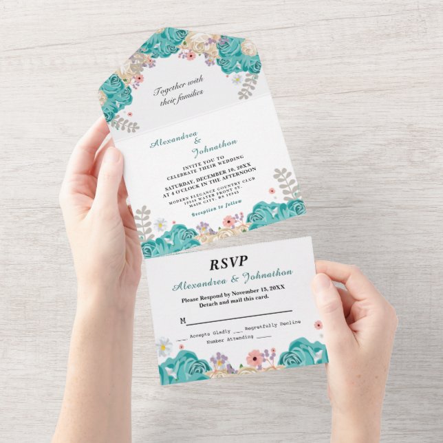Invitation Tout En Un Elégante Mariage Vert Beige Rose Fleurs (Déchirure)