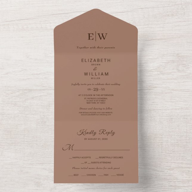 Invitation Tout En Un Elégante Mocha Mousse simple avec Mariage Monogram (À l'intérieur)