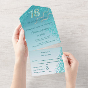 Invitation Tout En Un Elégante Parties scintillant Bleue Turquoise 18ème