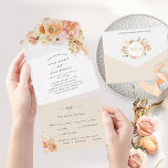 Invitation Tout En Un Elégante Pêche et Mariage floral à la crème avec R<br><div class="desc">Élégant tout-en-un tri-plié avec carte postale RSVP perforée. Design à l'aquarelle délicate florale en cascade présentant vos détails mariages dans un magnifique mélange de fleurs pêche, orange, or rose, rose rousse, crème, taupe et champagne. RSVP dans l'arrière - plan de lavage à l'aquarelle attrayant dans les tons crème au champagne....</div>