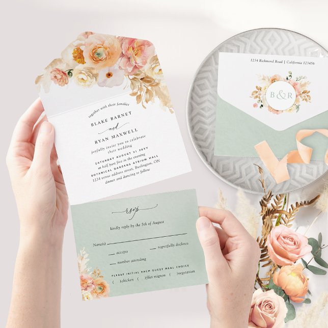 Invitation Tout En Un Elégante Pêche et Mariage floral Sage avec RSVP Al (Créateur téléchargé)