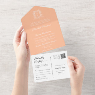 Invitation Tout En Un Elégante Pêche Vintage ligne de crête Art QR Code