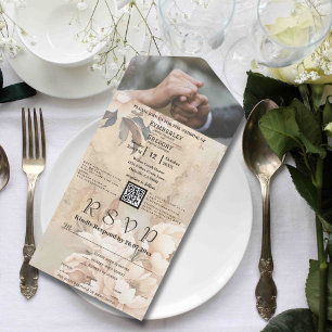 Invitation Tout En Un Elégante Peony à la crème blanche Floral QR Code P