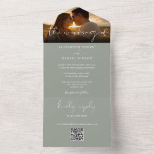 Invitation Tout En Un Élégante photo de mariage avec code QR vert sauge