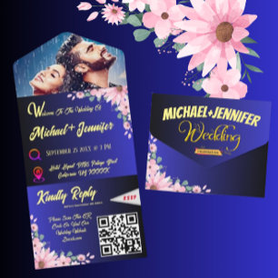 Invitation Tout En Un Élégante Photo Florale Bleue Déchirure Mariage