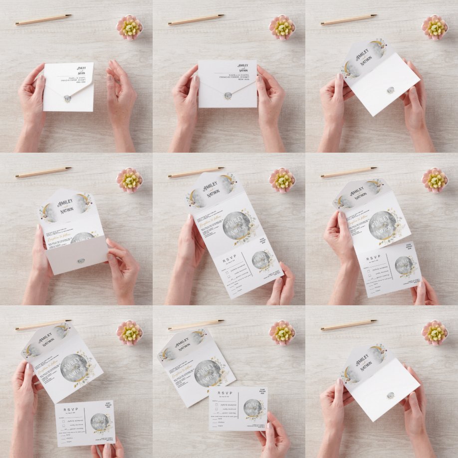 Invitation Tout En Un Elégante Pleine lune Fleur sauvage or aquarelle