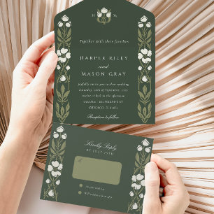 Invitation Tout En Un Élégante verdure Art Nouveau Tear-Away RSVP
