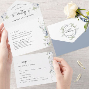 Invitation Tout En Un Elégante verdure, blanc Dusty Mariage Floral bleu