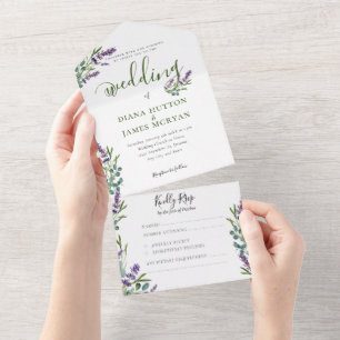 Invitation Tout En Un Élégante verdure Lavender Calligraphie Mariage