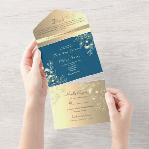 Invitation Tout En Un Élégantes Fleurs de Thé Photo de Mariage en Or et