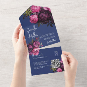 Invitation Tout En Un Élégantes Fleurs Moody Bleu Nuit Mariage avec Code