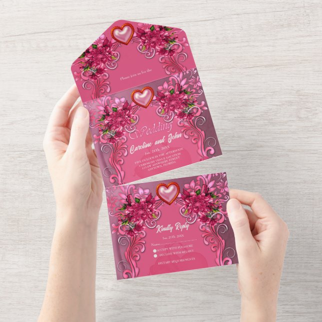 Invitation Tout En Un Élégantes fleurs roses (Déchirure)